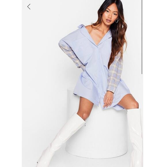 Nasty Gal Dresses & Skirts - Nasty Gal Plaid Sleeve Oversized Shirt Dress Blue Womens size 8